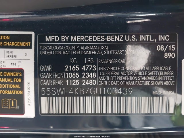 Aukcja sprzedaży 2016 Mercedes-benz C 300 4matic, vin: 55SWF4KB7GU103439, numer aukcji: 45776111