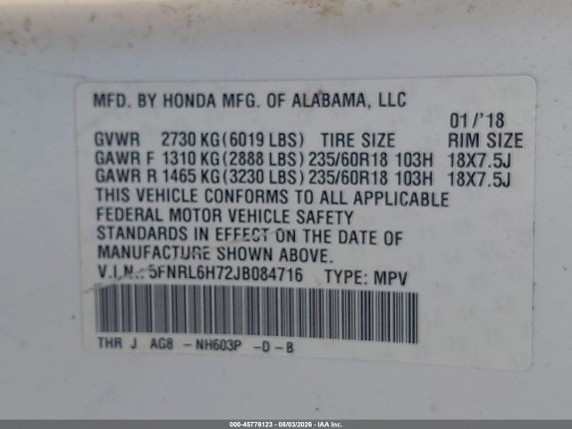 Aukcja sprzedaży 2018 Honda Odyssey Ex-l, vin: 5FNRL6H72JB084716, numer aukcji: 45776123