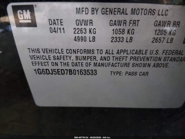 45776134 :رقم المزاد ، 1G6DJ5ED7B0163533 vin ، 2011 Cadillac Cts Performance مزاد بيع