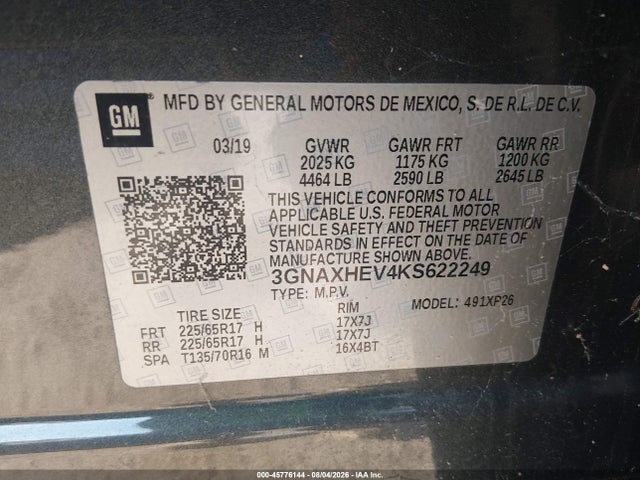 2019 Chevrolet Equinox Ls მანქანა იყიდება აუქციონზე, vin: 3GNAXHEV4KS622249, აუქციონის ნომერი: 45776144