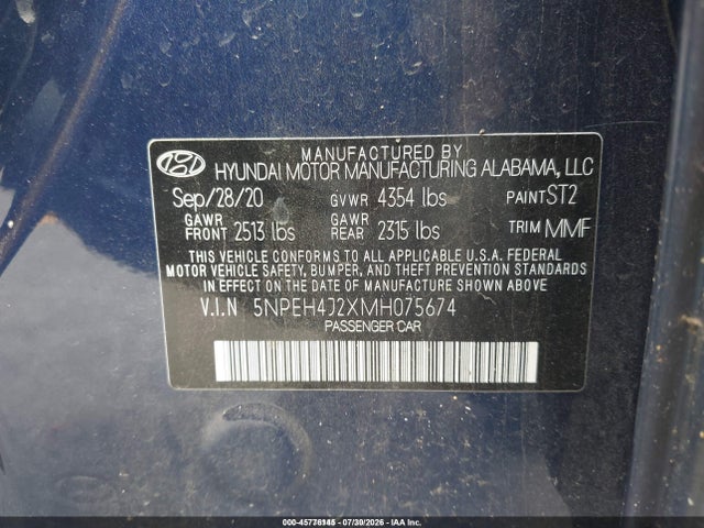 45776145 :رقم المزاد ، 5NPEH4J2XMH075674 vin ، 2021 Hyundai Sonata Limited مزاد بيع