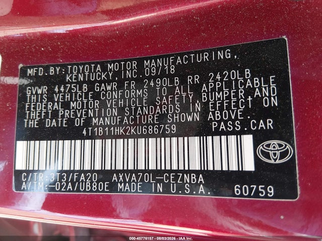 4T1B11HK2KU686759 Toyota CAMRY LE