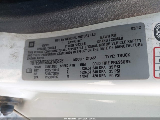 Продаж на аукціоні авто 2012 Gmc Canyon Sle1, vin: 1GTE5MF98C8145426, номер лоту: 45776160