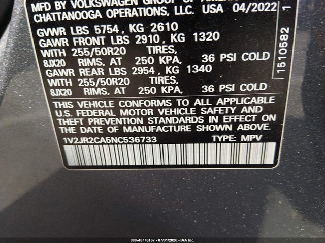 Продажа на аукционе авто 2022 Volkswagen Atlas 3.6l V6 Se W/technology, vin: 1V2JR2CA5NC536733, номер лота: 45776167