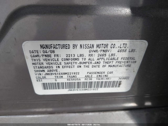 Продажа на аукционе авто 2008 Infiniti G35 Journey, vin: JNKBV61E68M221922, номер лота: 45776170
