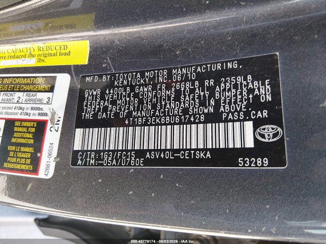 45776174 :رقم المزاد ، 4T1BF3EK6BU617428 vin ، 2011 Toyota Camry Se مزاد بيع