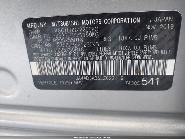 Aukcja sprzedaży 2020 Mitsubishi Outlander, vin: JA4AD3A35LZ022119, numer aukcji: 45776185