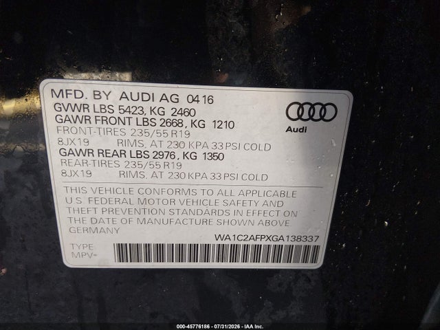 Продажа на аукционе авто 2016 Audi Q5 2.0t Premium, vin: WA1C2AFPXGA138337, номер лота: 45776186