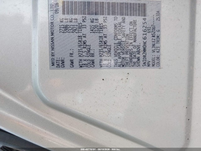 45776191 :رقم المزاد ، 5N1DR2MM0HC616254 vin ، 2017 Nissan Pathfinder Platinum/s/sl/sv مزاد بيع