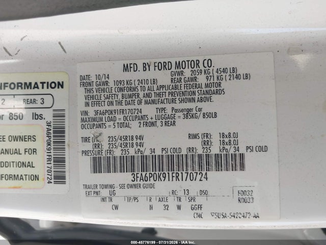 2015 Ford Fusion Titanium მანქანა იყიდება აუქციონზე, vin: 3FA6P0K91FR170724, აუქციონის ნომერი: 45776199