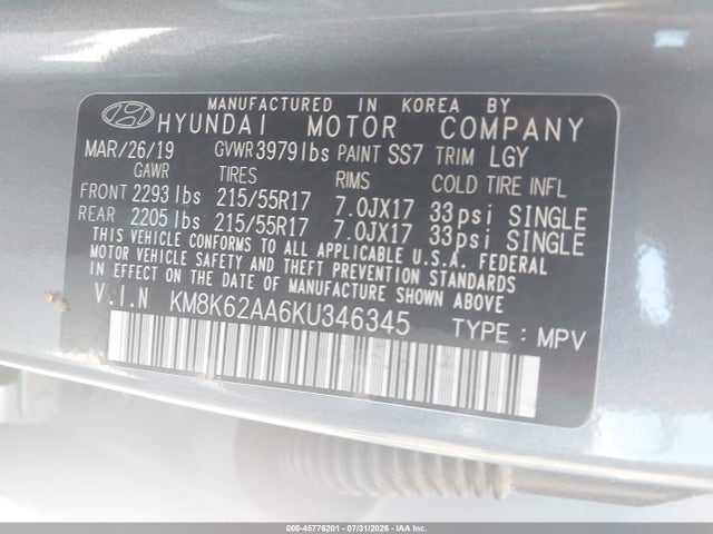 Aukcja sprzedaży 2019 Hyundai Kona Sel, vin: KM8K62AA6KU346345, numer aukcji: 45776201