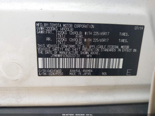 45776203 :رقم المزاد ، JTMRWRFV7KD032131 vin ، 2019 Toyota Rav4 Hybrid Xle مزاد بيع