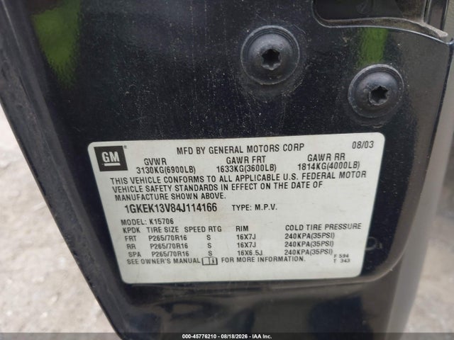 Продаж на аукціоні авто 2004 Gmc Yukon Sle, vin: 1GKEK13V84J114166, номер лоту: 45776210