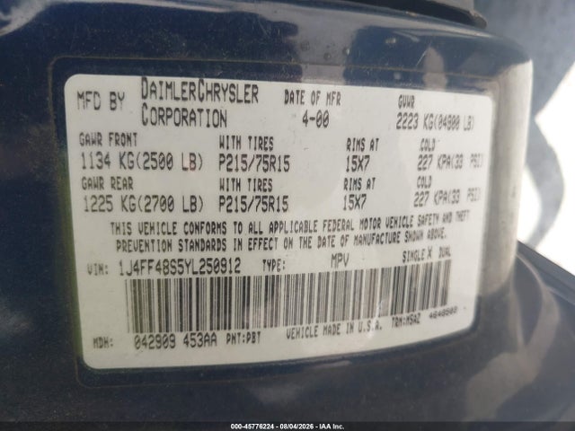 Aukcja sprzedaży 2000 Jeep Cherokee Sport, vin: 1J4FF48S5YL250912, numer aukcji: 45776224