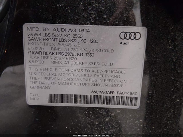 45776235 :رقم المزاد ، WA1WGAFP1FA014650 vin ، 2015 Audi Q5 3.0t Premium Plus مزاد بيع