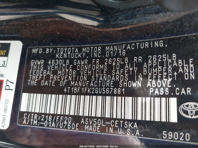 45776236 :رقم المزاد ، 4T1BF1FK2GU567881 vin ، 2016 Toyota Camry Se مزاد بيع