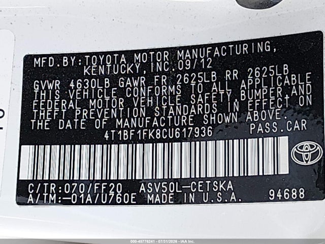 Продаж на аукціоні авто 2012 Toyota Camry Se Limited Edition, vin: 4T1BF1FK8CU617936, номер лоту: 45776241