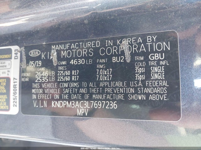 2020 Kia Sportage Lx მანქანა იყიდება აუქციონზე, vin: KNDPM3AC3L7697236, აუქციონის ნომერი: 45776245