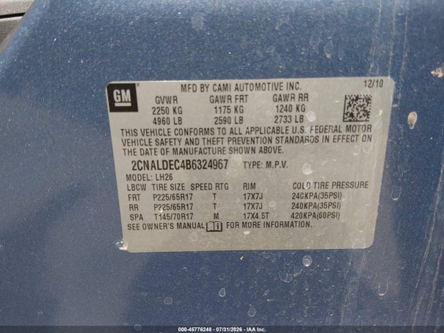 Продаж на аукціоні авто 2011 Chevrolet Equinox Lt W/1lt, vin: 2CNALDEC4B6324967, номер лоту: 45776248