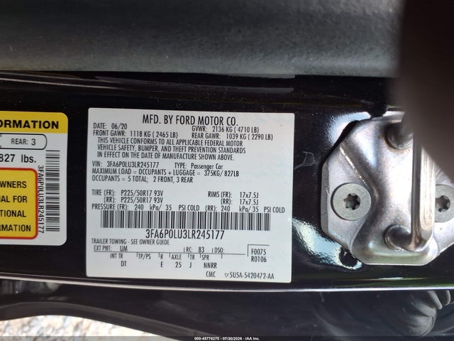 2020 Ford Fusion Hybrid Se მანქანა იყიდება აუქციონზე, vin: 3FA6P0LU3LR245177, აუქციონის ნომერი: 45776270