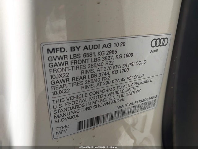 45776271 :رقم المزاد ، WA1CWBF1XMD014083 vin ، 2021 Audi Sq8 Prestige Tfsi Quattro Tiptronic مزاد بيع