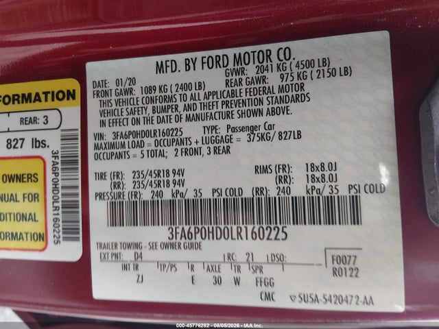 Aukcja sprzedaży 2020 Ford Fusion Se, vin: 3FA6P0HD0LR160225, numer aukcji: 45776282