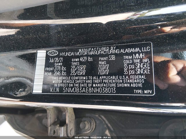 45776284 :رقم المزاد ، 5NMJB3AE8NH038013 vin ، 2022 Hyundai Tucson Sel مزاد بيع
