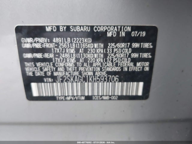 2019 Subaru Forester Premium მანქანა იყიდება აუქციონზე, vin: JF2SKAGC1KH593706, აუქციონის ნომერი: 45776302