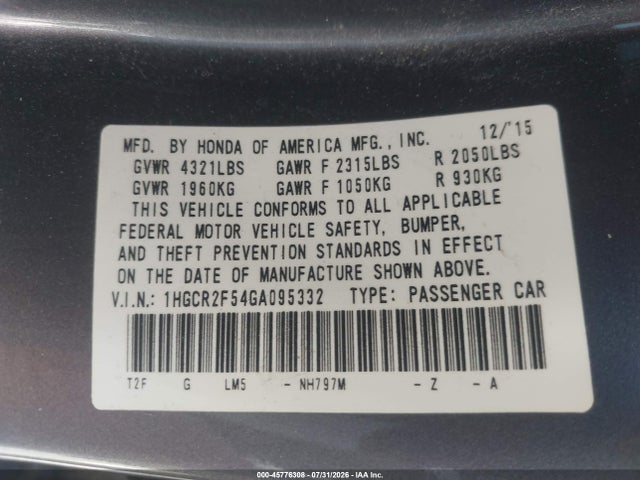 1HGCR2F54GA095332 Honda Accord Sport