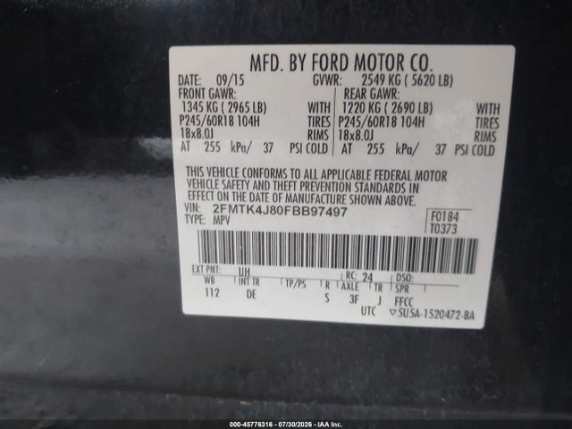 2015 Ford Edge Sel მანქანა იყიდება აუქციონზე, vin: 2FMTK4J80FBB97497, აუქციონის ნომერი: 45776316