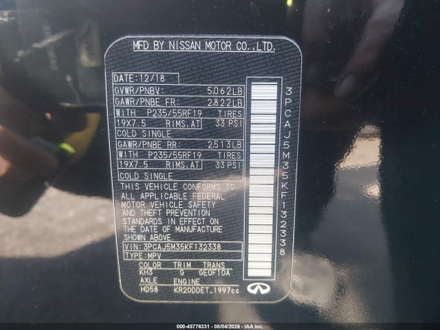 2019 Infiniti Qx50 Luxe მანქანა იყიდება აუქციონზე, vin: 3PCAJ5M35KF132338, აუქციონის ნომერი: 45776331