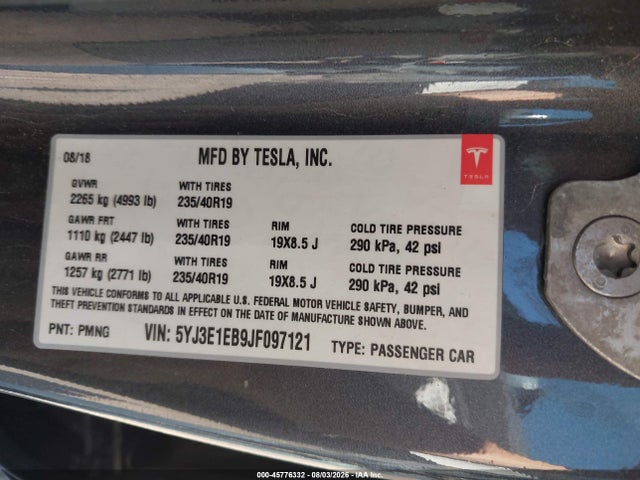 Auction sale of the 2018 Tesla Model 3 Long Range/performance, vin: 5YJ3E1EB9JF097121, lot number: 45776332