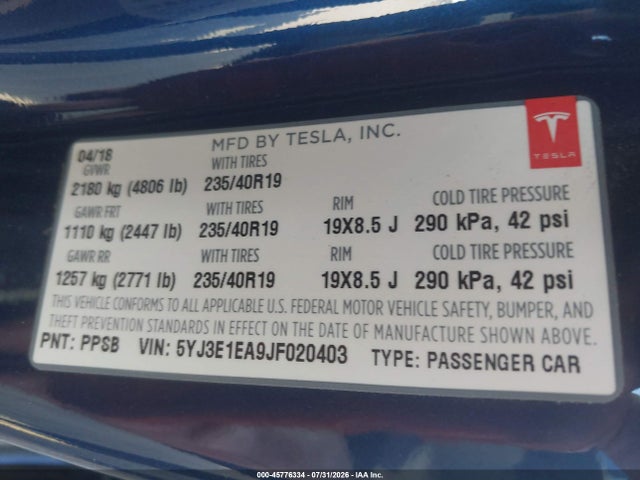 Aukcja sprzedaży 2018 Tesla Model 3 Long Range/mid Range, vin: 5YJ3E1EA9JF020403, numer aukcji: 45776334