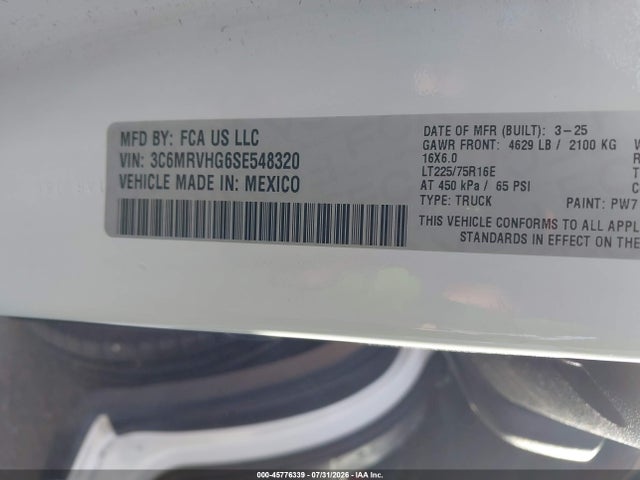 Auction sale of the 2025 Ram Promaster 3500 Tradesman High Roof 159 Wb W/pass Seat, vin: 3C6MRVHG6SE548320, lot number: 45776339