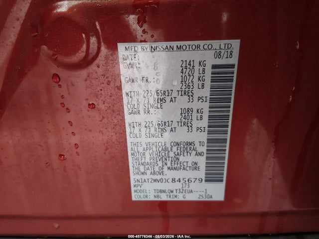 2018 Nissan Rogue Sv მანქანა იყიდება აუქციონზე, vin: 5N1AT2MV0JC845679, აუქციონის ნომერი: 45776346