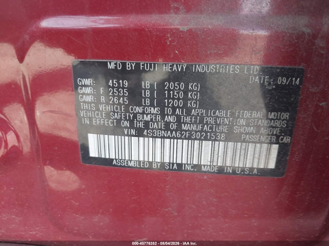 Продаж на аукціоні авто 2015 Subaru Legacy 2.5i, vin: 4S3BNAA62F3021538, номер лоту: 45776352
