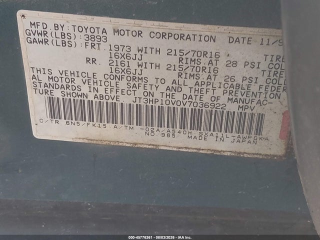 45776361 :رقم المزاد ، JT3HP10V0V7036922 vin ، 1997 Toyota Rav4 مزاد بيع
