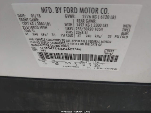 1FM5K7D80JGA87380 Ford EXPLORER XLT