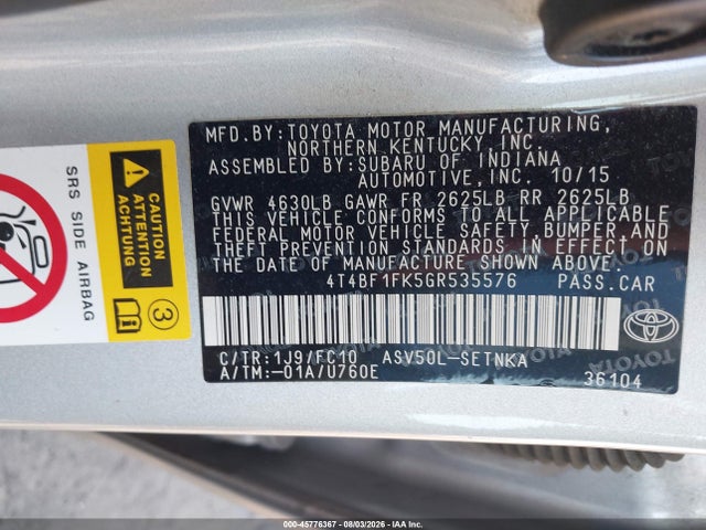 45776367 :رقم المزاد ، 4T4BF1FK5GR535576 vin ، 2016 Toyota Camry Le مزاد بيع