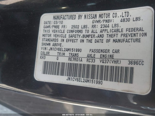 45776370 :رقم المزاد ، JN1CV6EL2AM151990 vin ، 2010 Infiniti G37x مزاد بيع