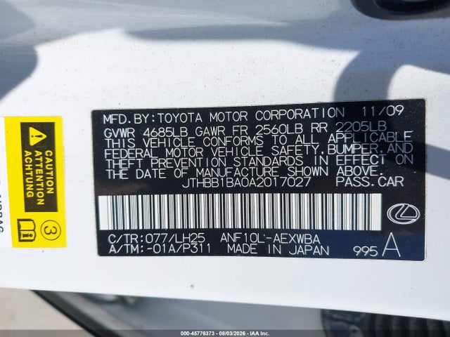 45776373 :رقم المزاد ، JTHBB1BA0A2017027 vin ، 2010 Lexus Hs 250h Premium مزاد بيع