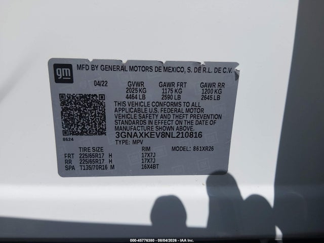 Продаж на аукціоні авто 2022 Chevrolet Equinox Fwd Lt, vin: 3GNAXKEV8NL210816, номер лоту: 45776380