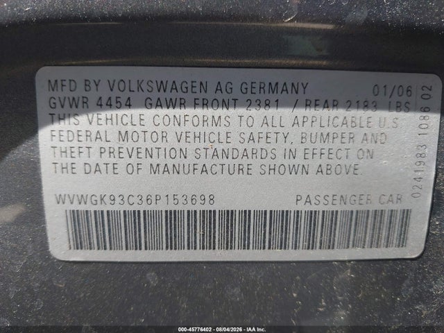 2006 Volkswagen Passat Value Edition მანქანა იყიდება აუქციონზე, vin: WVWGK93C36P153698, აუქციონის ნომერი: 45776402
