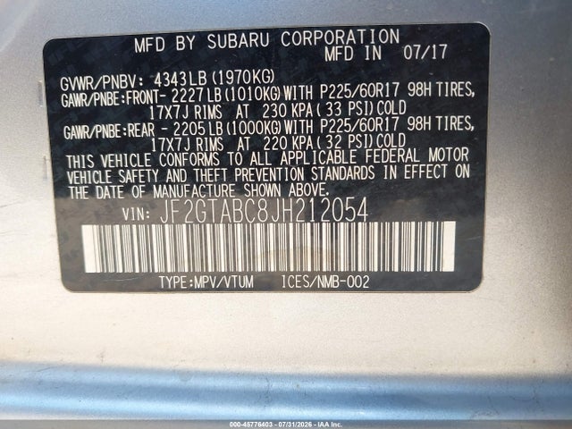 2018 Subaru Crosstrek 2.0i Premium მანქანა იყიდება აუქციონზე, vin: JF2GTABC8JH212054, აუქციონის ნომერი: 45776403