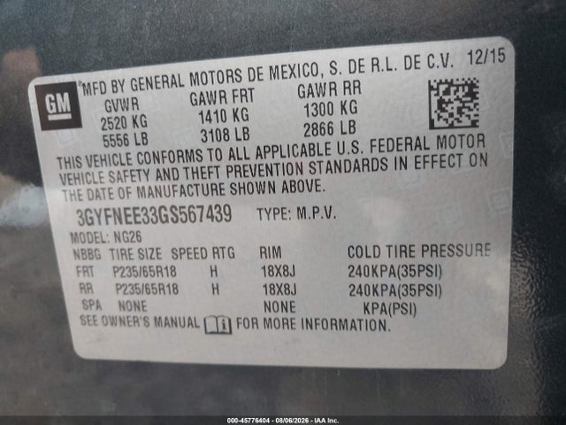 Продажа на аукционе авто 2016 Cadillac Srx Luxury Collection, vin: 3GYFNEE33GS567439, номер лота: 45776404