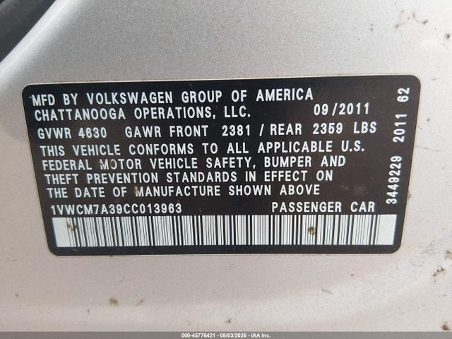 Продаж на аукціоні авто 2012 Volkswagen Passat 3.6l V6 Sel Premium, vin: 1VWCM7A39CC013963, номер лоту: 45776421