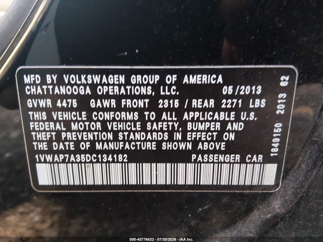 2013 Volkswagen Passat 2.5l Wolfsburg Edition მანქანა იყიდება აუქციონზე, vin: 1VWAP7A35DC134182, აუქციონის ნომერი: 45776432
