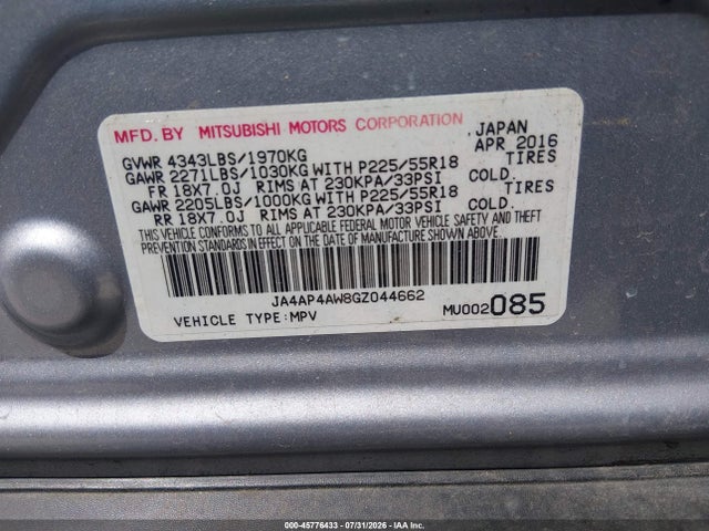 45776433 :رقم المزاد ، JA4AP4AW8GZ044662 vin ، 2016 Mitsubishi Outlander Sport 2.4 Sel مزاد بيع