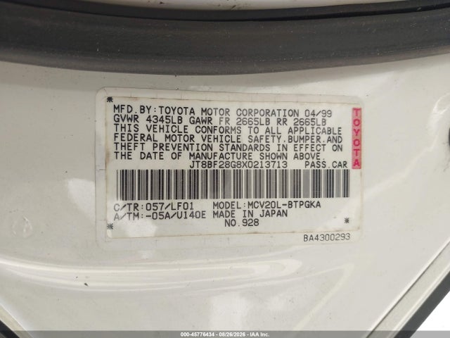Aukcja sprzedaży 1999 Lexus Es 300, vin: JT8BF28G8X0213713, numer aukcji: 45776434