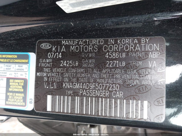 Aukcja sprzedaży 2015 Kia Optima Hybrid, vin: KNAGM4AD9F5077230, numer aukcji: 45776454